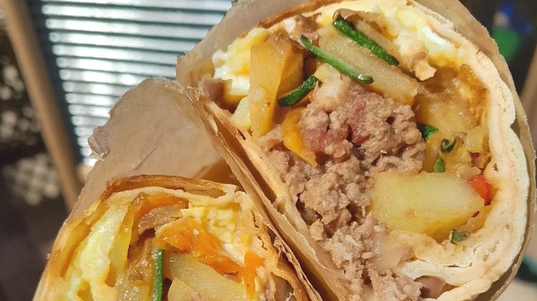 Close-up of inside of breakfast burrito