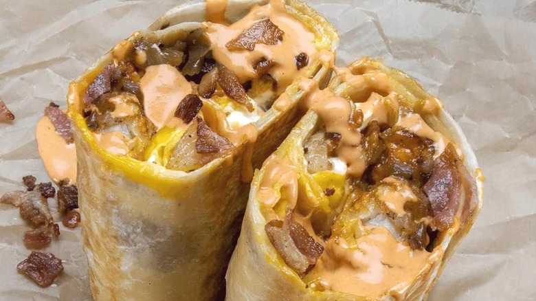 Breakfast burrito cut in half