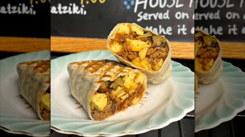 Breakfast burrito cut in half