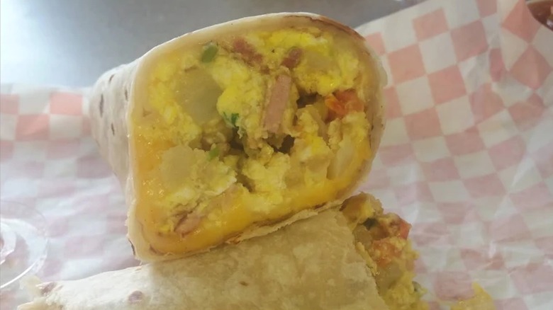 Breakfast burrito from Pancho's cut in half