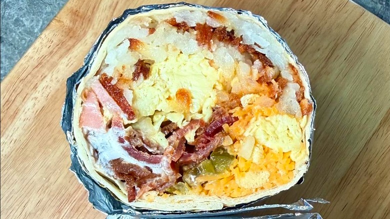 Inside of breakfast burrito from Rise and Shine Cafe & Bakery