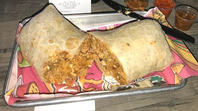 Breakfast burrito from Javi's Tacos cut in half