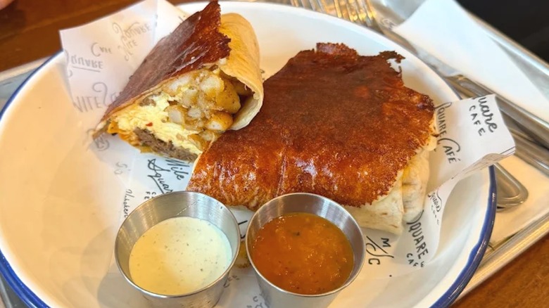 Fried burrito cut in half from Mile Square Cafe