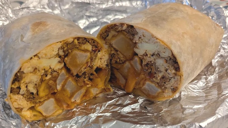 Breakfast burrito from Beef Jerky Company cut in half