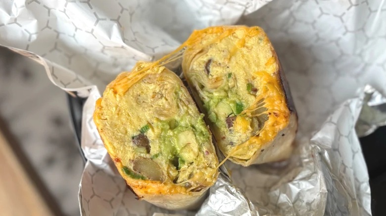 Breakfast burrito from Ceremonia Bakeshop cut in half