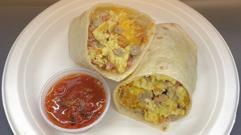 Breakfast burrito from Taco Shop cut in half