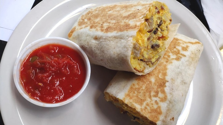 Breakfast burrito from DK Diner cut in half