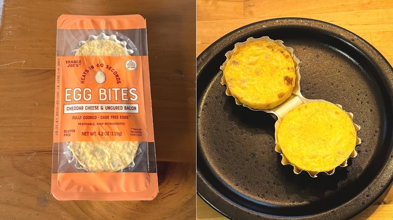 Trader Joe's cheddar cheese and uncured bacon egg bites in package and on plate