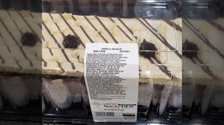 A close-up of a Mocha Crunch cake label from Costco