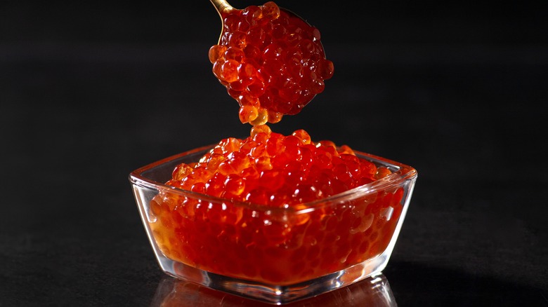 Red caviar with a spoon 