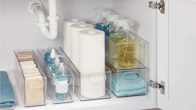 bins with cleaning supplies organized under kitchen sink
