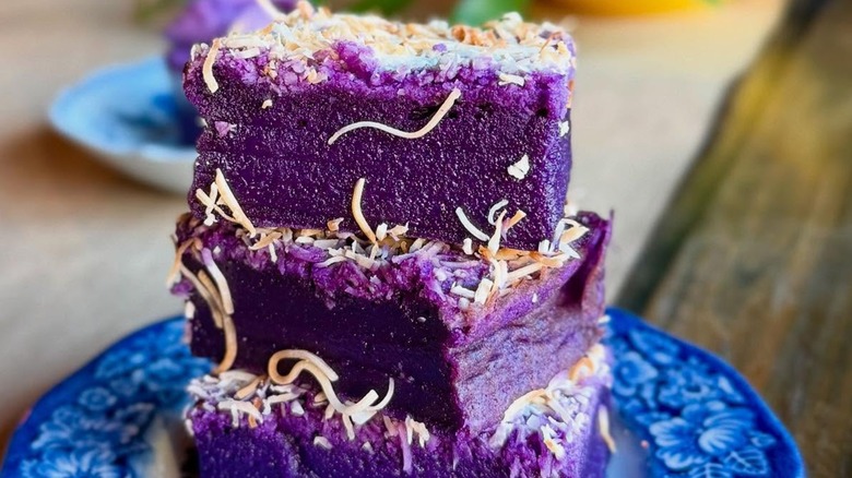 Purple ube dessert on blue plate