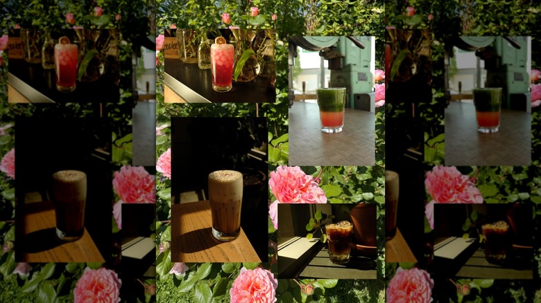 Editorial shots of matcha and coffee drinks set against lush greenery background