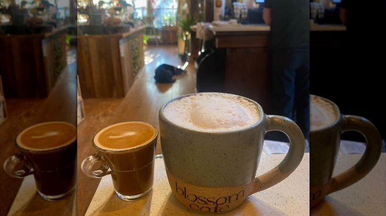 Coffee mug and espresso shot pictured in Blossom Cafe