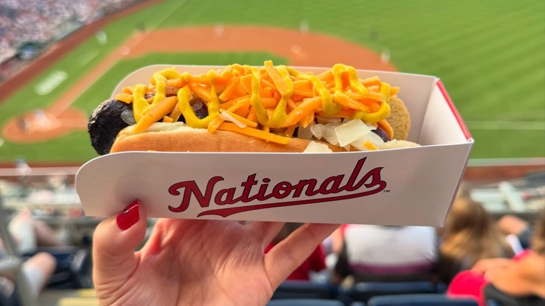 A hand holding up a Half-Smoke in front of a baseball diamond