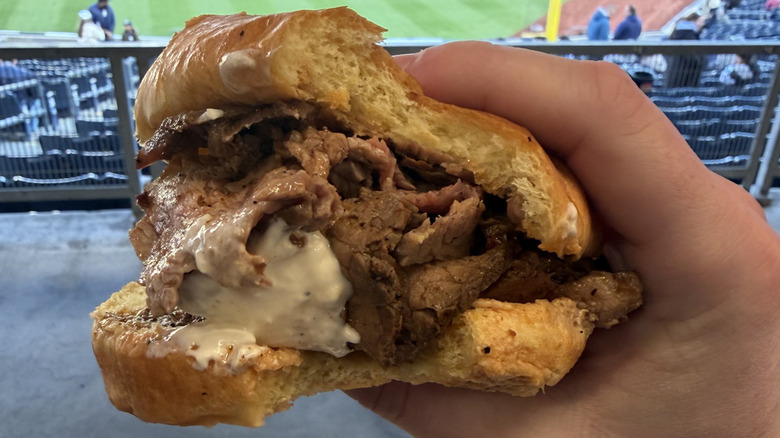 A hand holding a steak sandwich in the ballpark stands