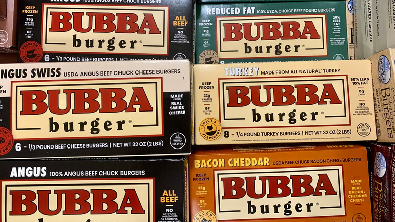 Various Bubba burger boxes: reduced fat, turkey, bacon cheddar, angus, and angus swiss