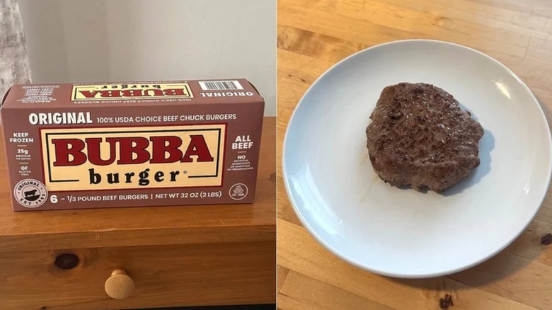 A box of Bubba original beef burgers, next to a cooked Bubba beef burger on a plate