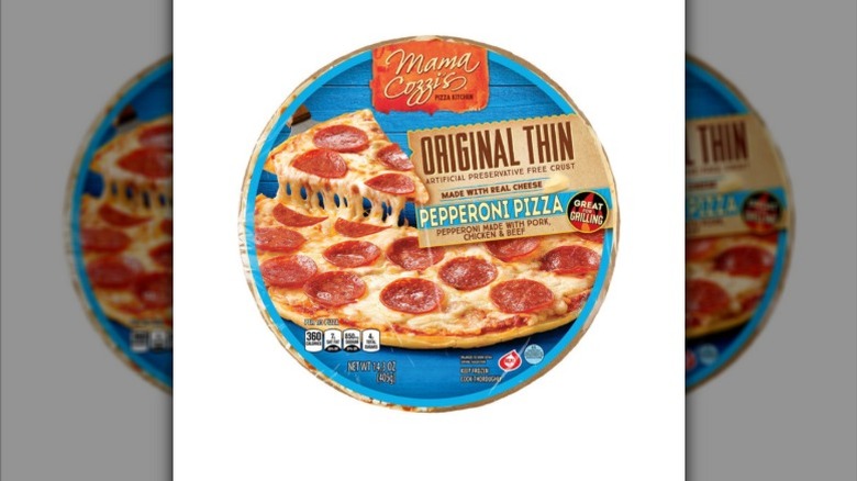 a package of Mama Cozzi's original thin pepperoni pizza against a white background