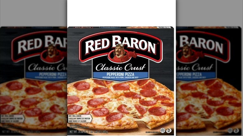 a box of Red Baron classic crust pepperoni pizza against a white background