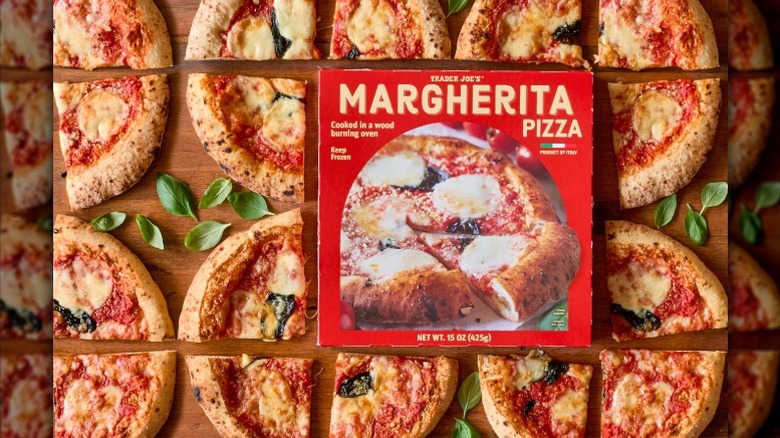 a box of Trader Joe's Margherita pizza arranged among squares of pizza
