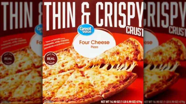 a box of Walmart Great Value Thin & Crispy Crust four-cheese pizza