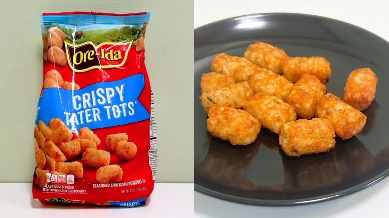 Ore-Ida crispy tater tots in bag and on plate