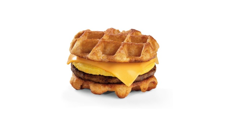 7-Eleven waffle breakfast sandwich with cheese, egg, and sausage