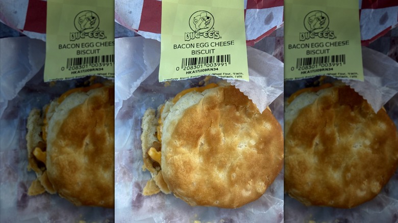 Biscuit sandwich with eggs, bacon, and cheese