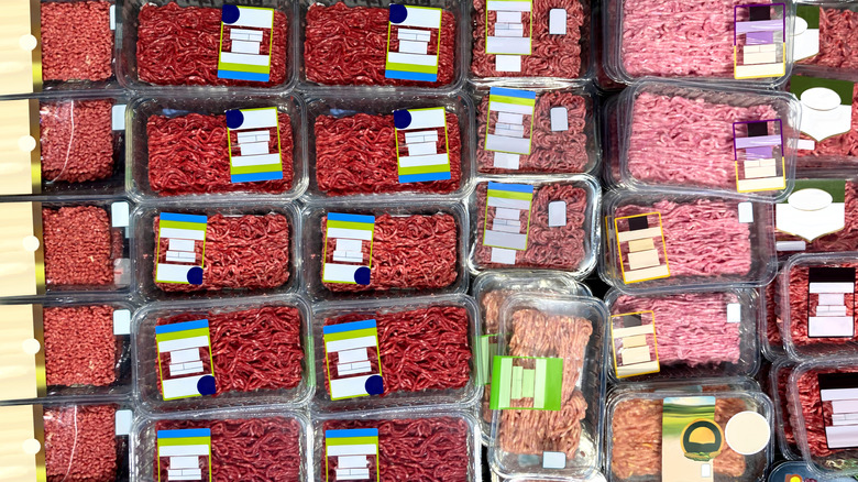 Packages of ground beef at grocery store