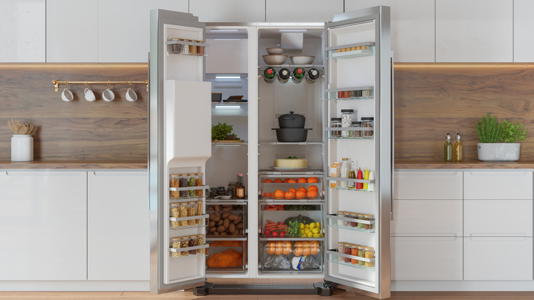 An open refrigerator, full of well-organized food