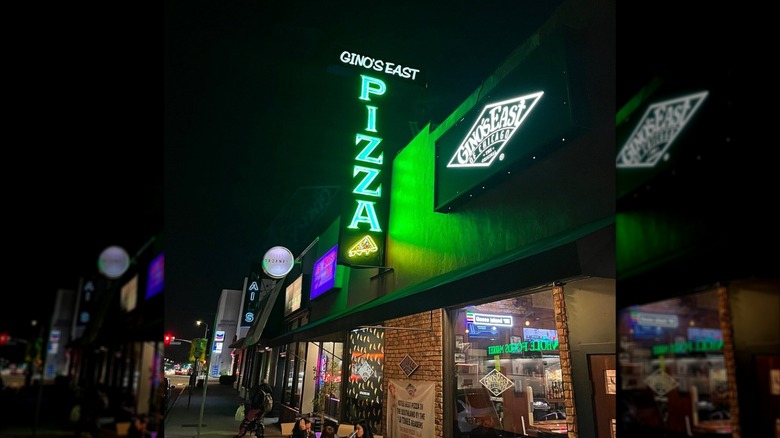 The exterior of the Los Angeles branch of Gino's East, seen at night