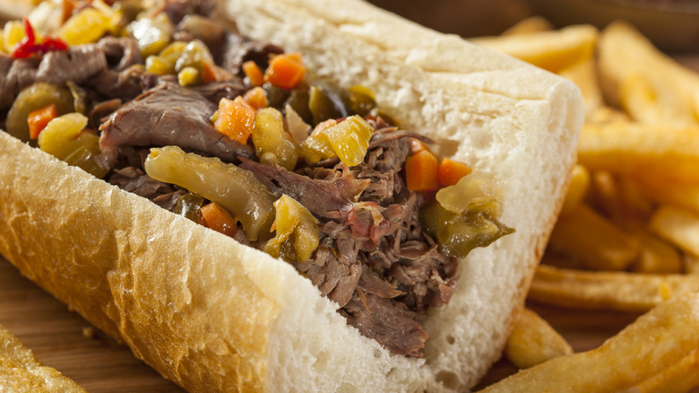 An Italian beef sandwich, served with fries