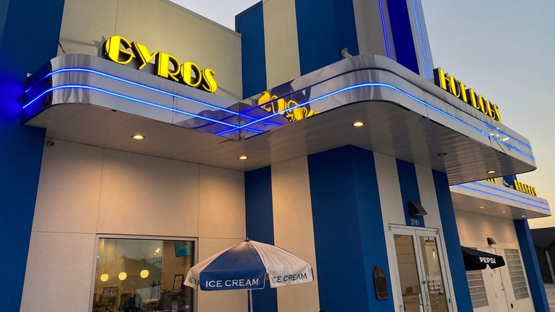 Pappa Gyros store exterior at sunset