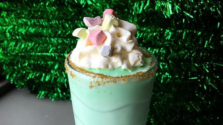 Homemade Shamrock Shake with marshmallow garnishes