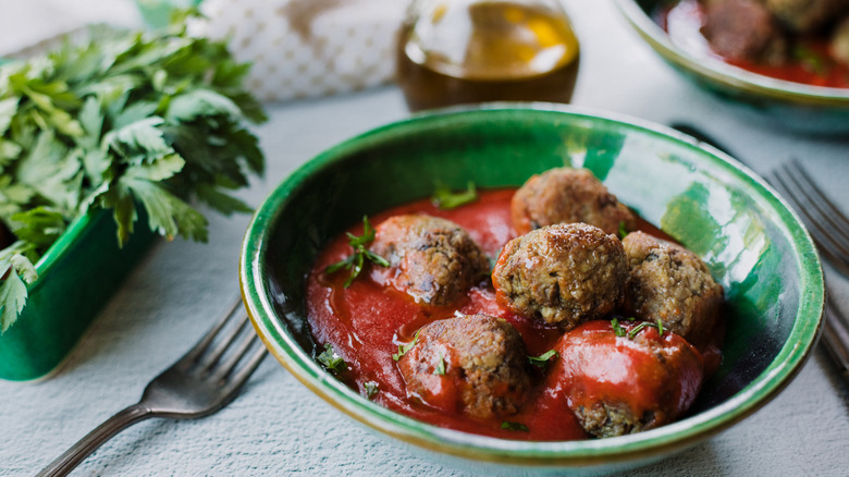 Vegan meatballs in tomato soup
