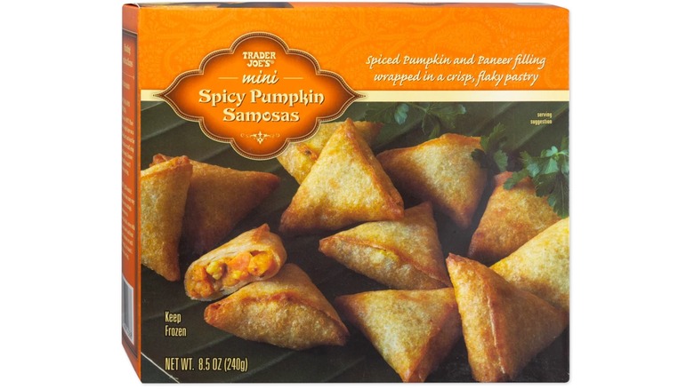 box of mini pumpkin samosas