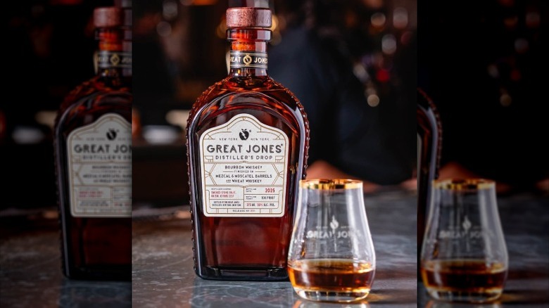 A bottle of Great Jones Distilling Co. Distiller's Drop Bourbon Whiskey