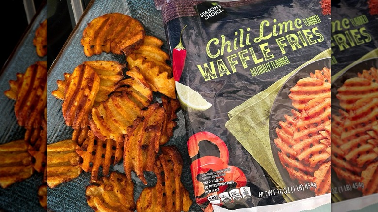 Bag of Season's Choice chili lime waffle fries next to some cooked waffle fries on a blue plate