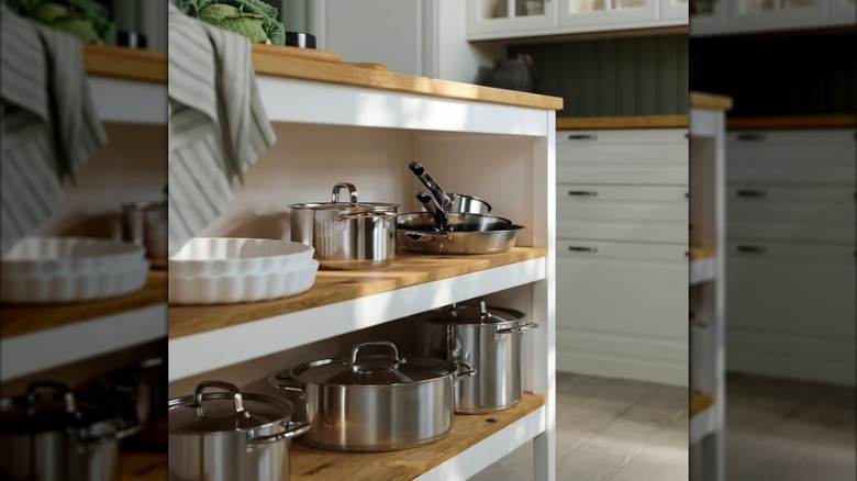IKEA Tornviken kitchen island with light wood and white elements storing metal pants.