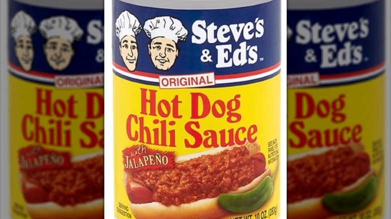 Can of Steve's & Ed's hot dog chili sauce with jalapeno