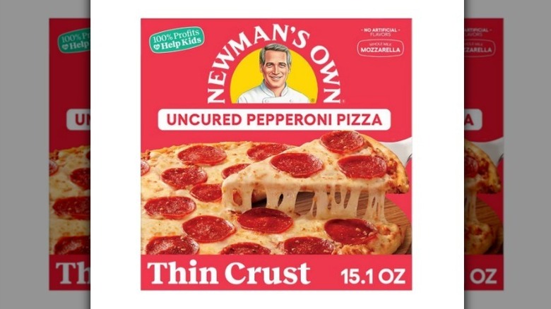 Newman's Own thin crust pepperoni pizza box on white background