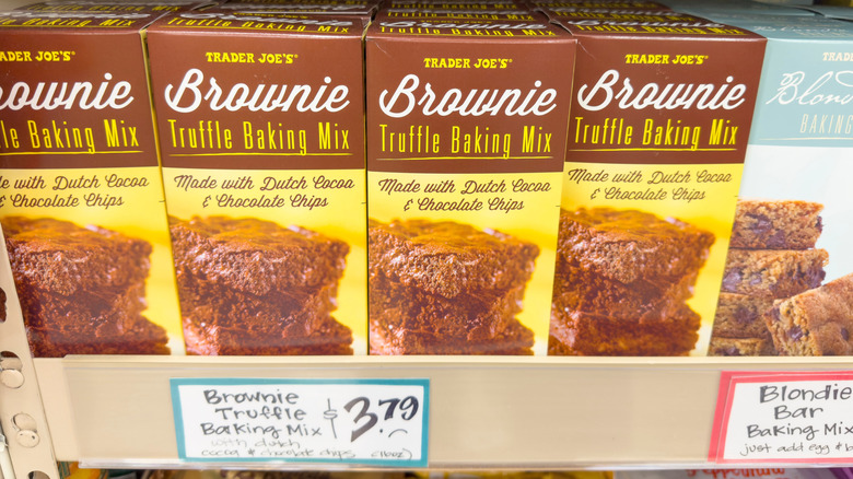 A display of Trader Joe's Brownie truffle baking mix