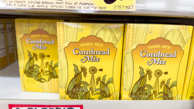 A display of Trader Joe's Cornbread Mix on the shelf