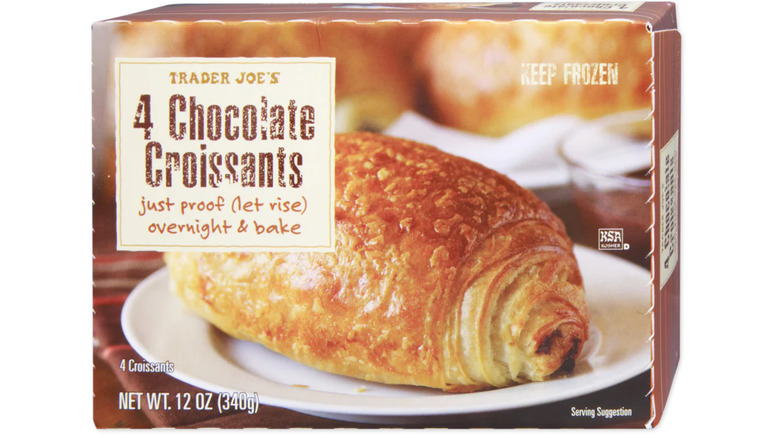 A photo of a package of Trader Joe's Frozen Chocolate Croissants