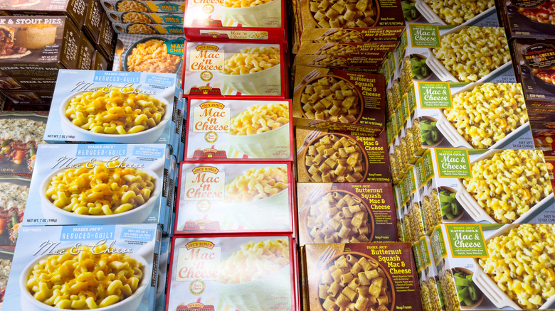 Freezer case with mac and cheese at Trader Joe's