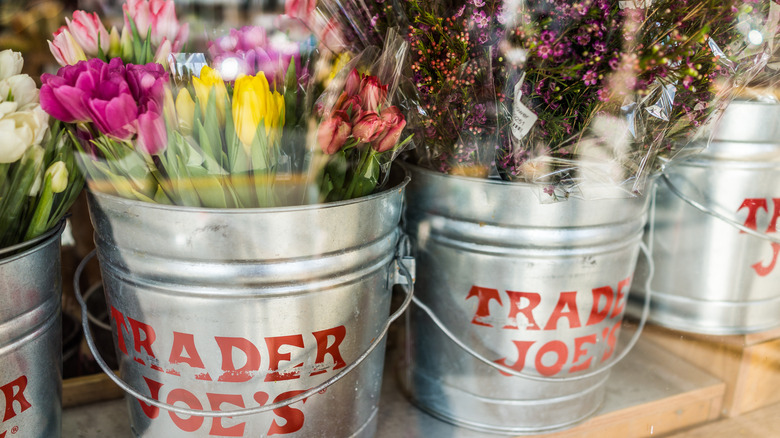 Metal buckets with flowers from Trader Joe's