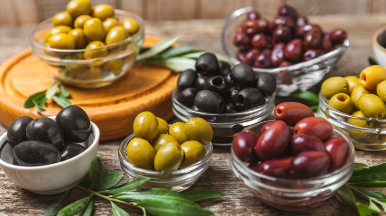assorted olives in bowls