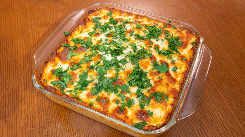 lasagna in Pyrex dish