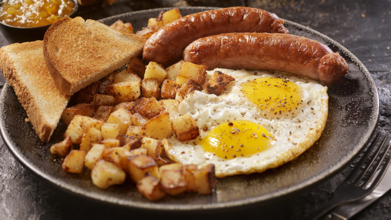 Diced breakfast potatoes toast and sausage